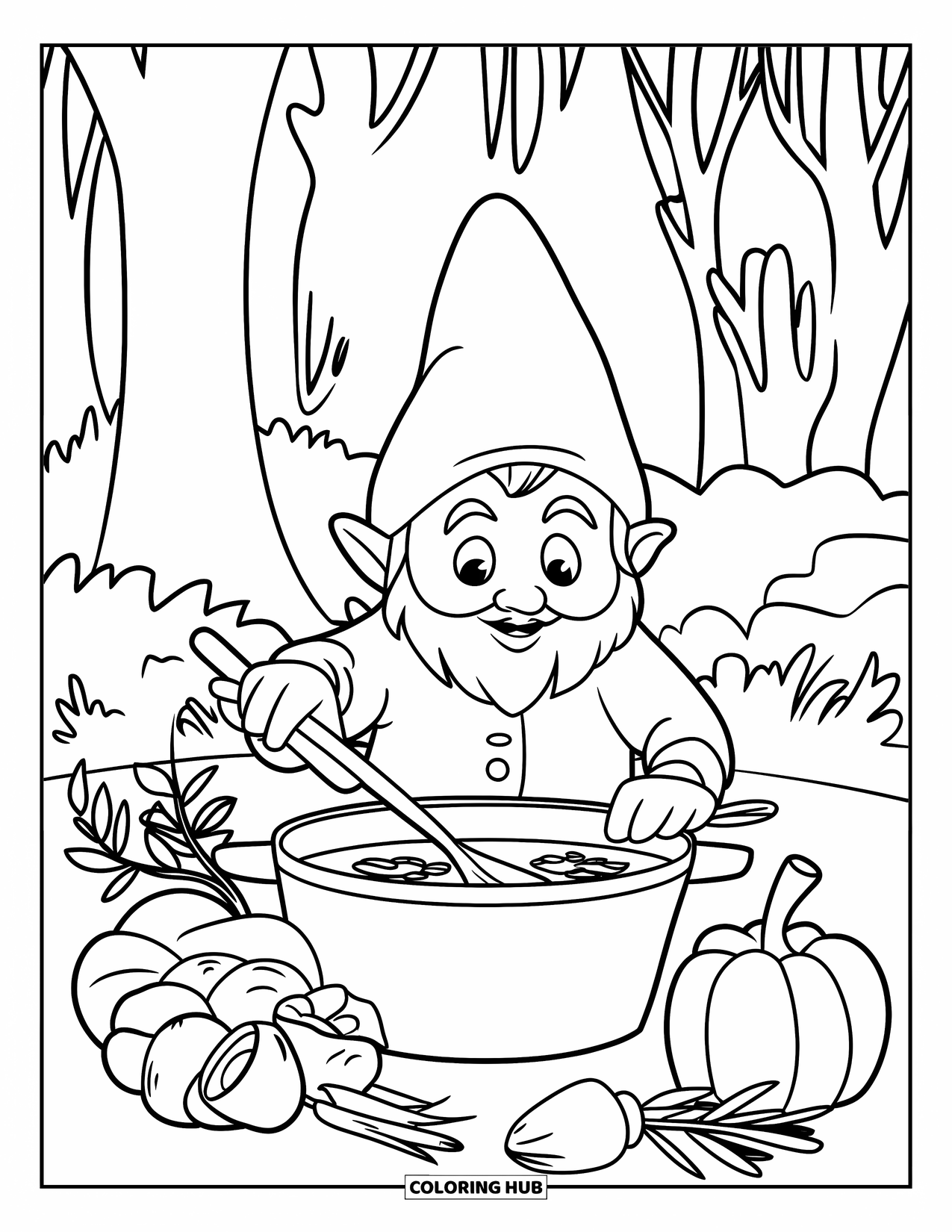 Gnome Coloring Page for Kids: A gnome cooking soup in a forest surrounded by herbs and vegetables