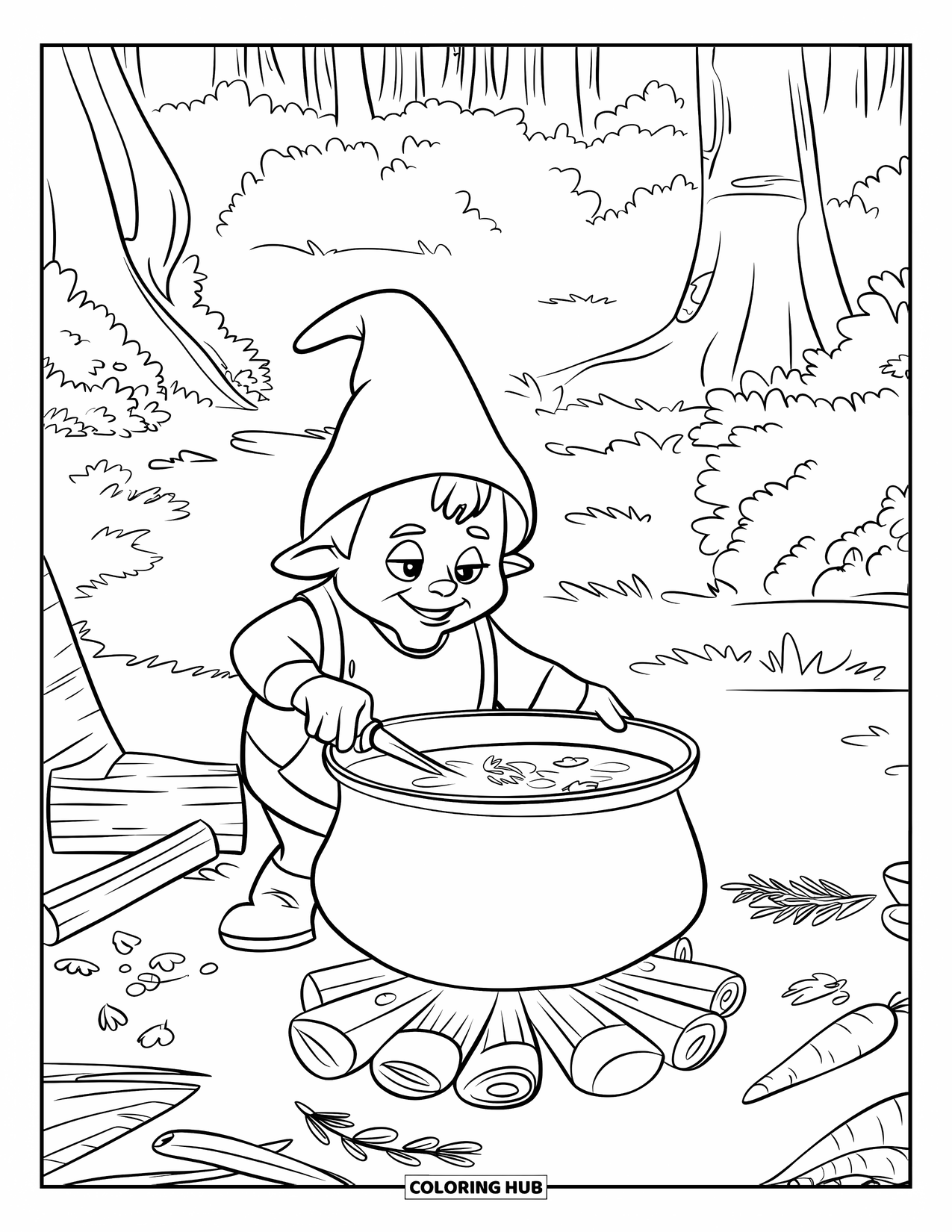 Gnome Coloring Page for Kids: A gnome cooking soup in a pot over a campfire in a forest