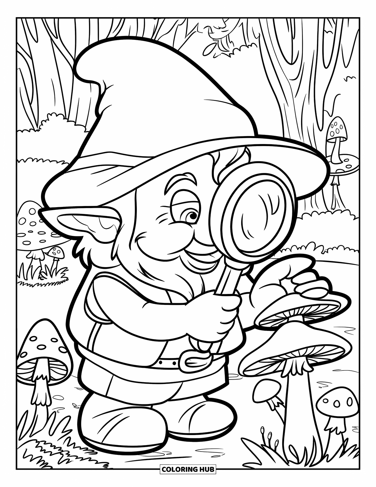 Gnome Coloring Page for Kids: A gnome detective examining mushrooms with a magnifying glass in a forest