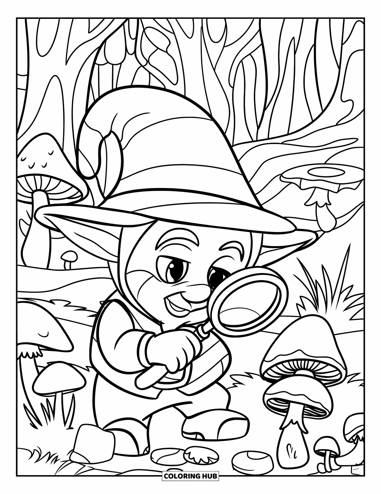 Gnome Coloring Page for Kids: A gnome detective inspecting mushrooms with a magnifying glass in a forest