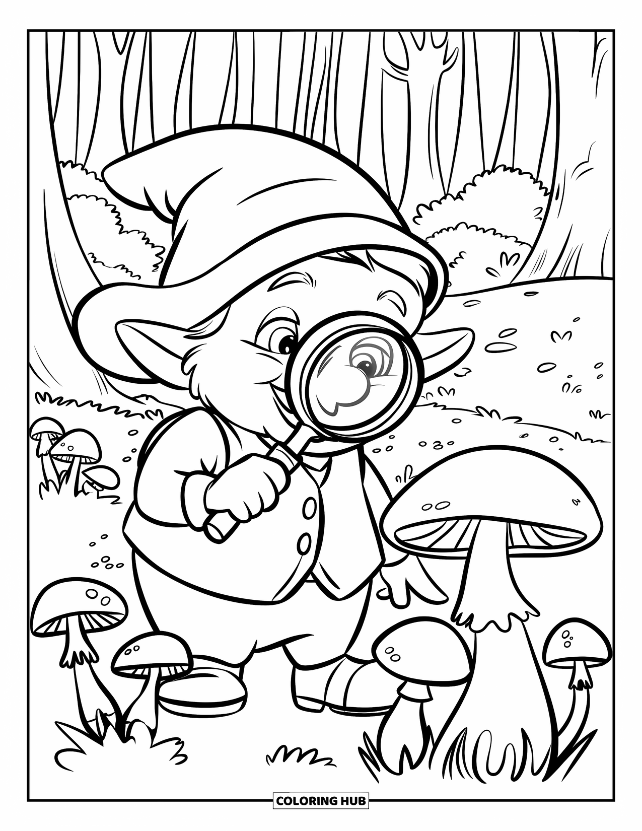 Gnome Coloring Page for Kids: A gnome detective investigating mushrooms with a magnifying glass