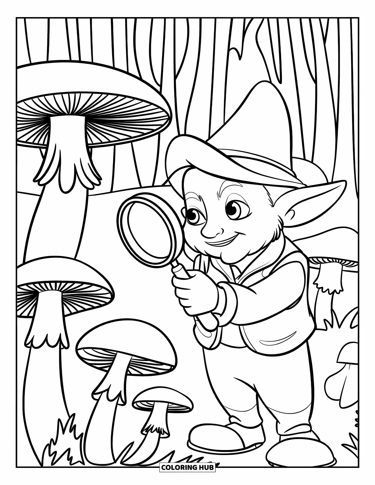 Gnome Coloring Page for Kids: A gnome detective with a magnifying glass studying mushrooms among trees
