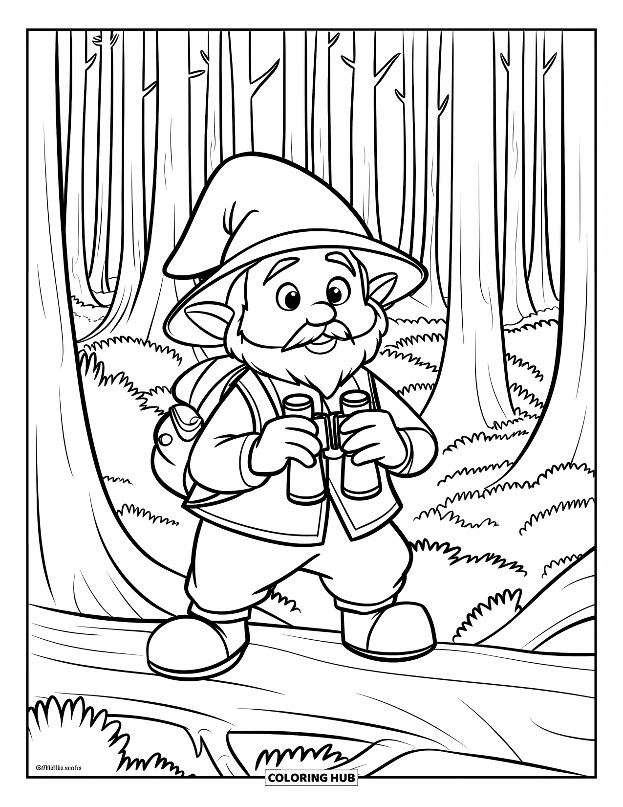 Gnome Coloring Page for Kids: A gnome explorer holding binoculars, standing on a log in a dense forest