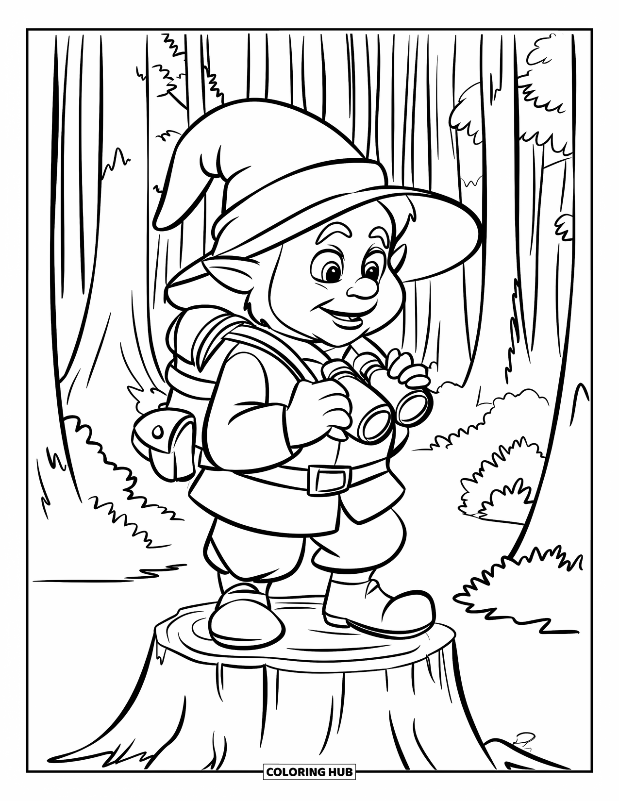 Gnome Coloring Page for Kids: A gnome explorer with a backpack and binoculars standing on a tree stump