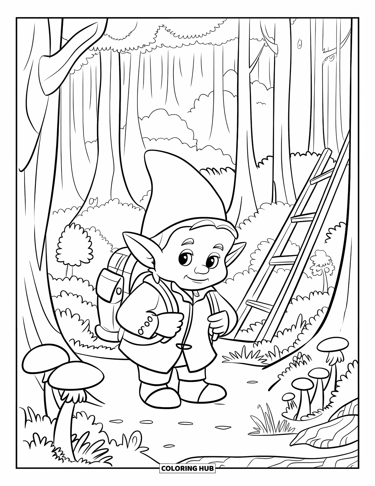Gnome Coloring Page for Kids: A gnome explorer with a backpack and gloves standing on a wooden platform