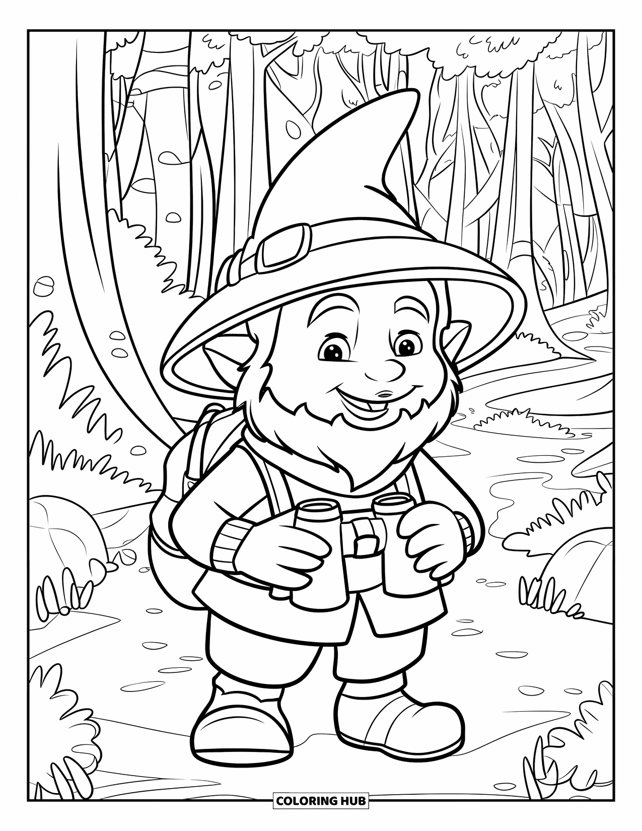 Gnome Coloring Page for Kids: A gnome explorer with a hat and scarf carrying a backpack in a forest