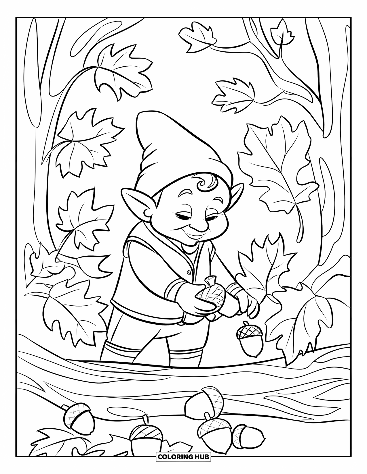 Gnome Coloring Page for Kids: A gnome gathering acorns with autumn leaves scattered around