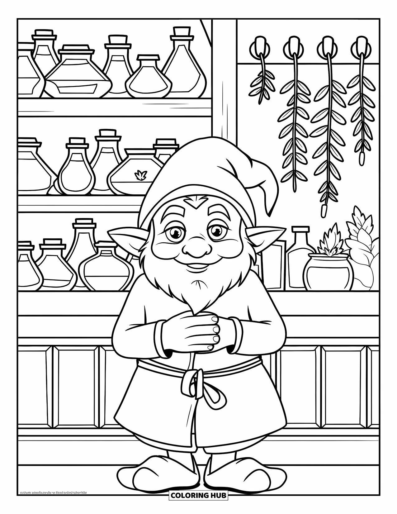 Gnome Coloring Page for Kids: A gnome herbalist in a room filled with herbs and potions