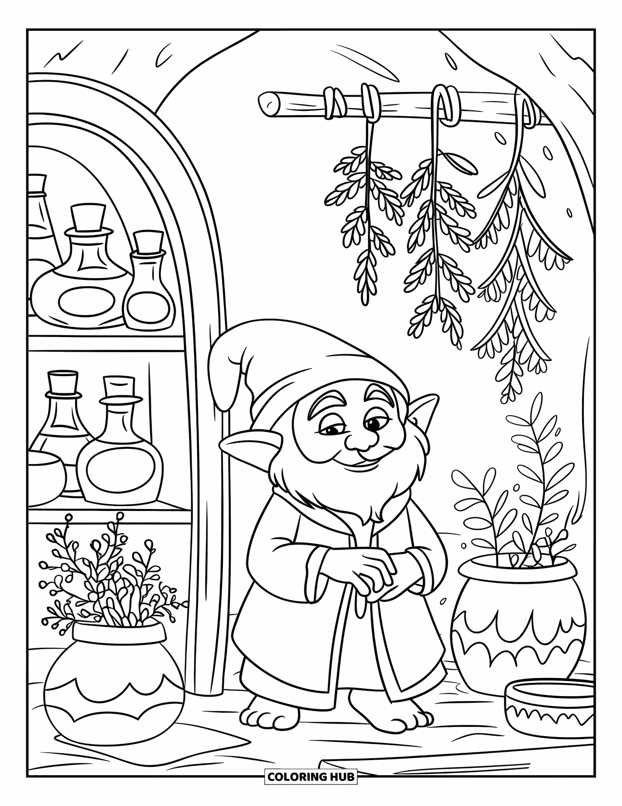 Gnome Coloring Page for Kids: A gnome herbalist preparing potions in a cozy room with herbs