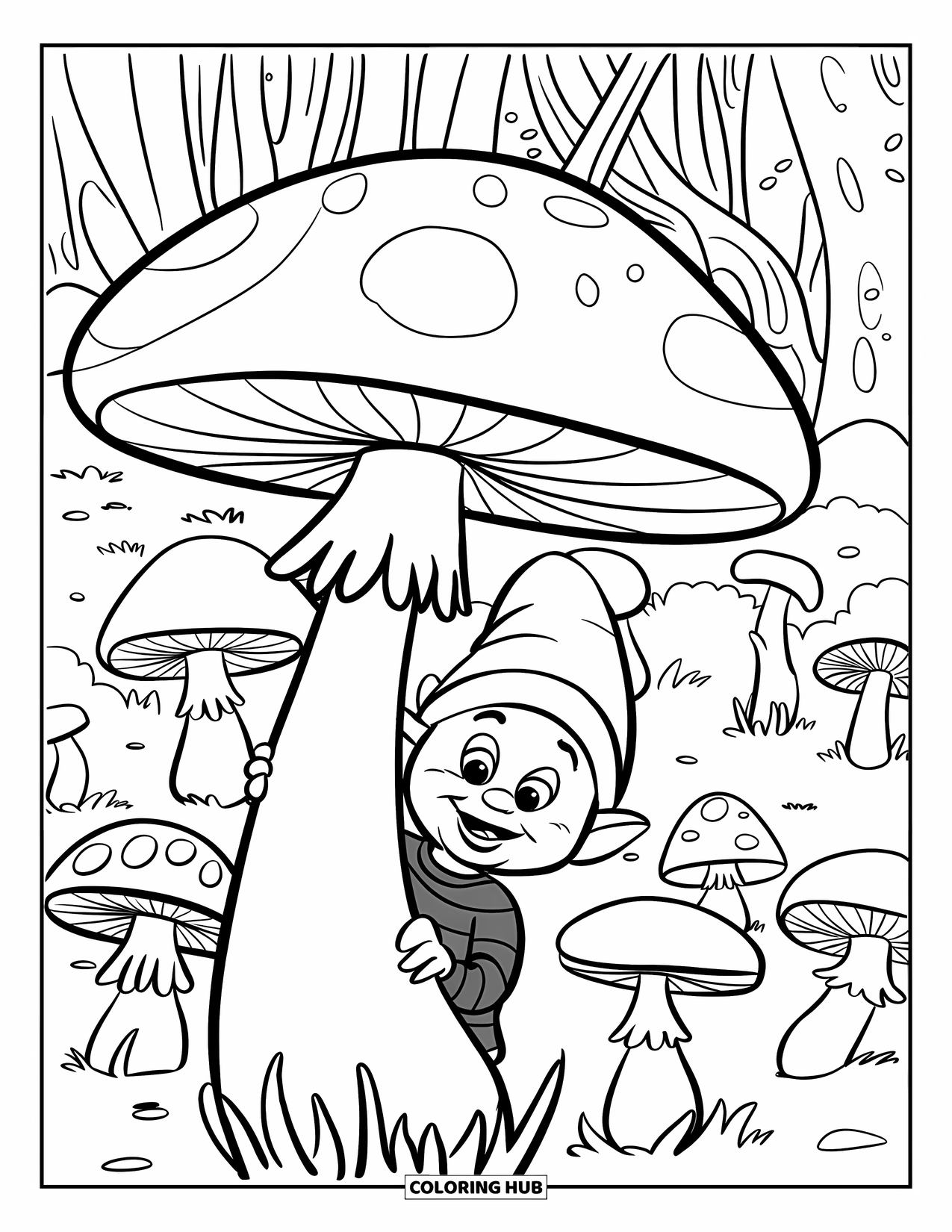 Gnome Coloring Page for Kids: A gnome hiding behind a large mushroom in a forest