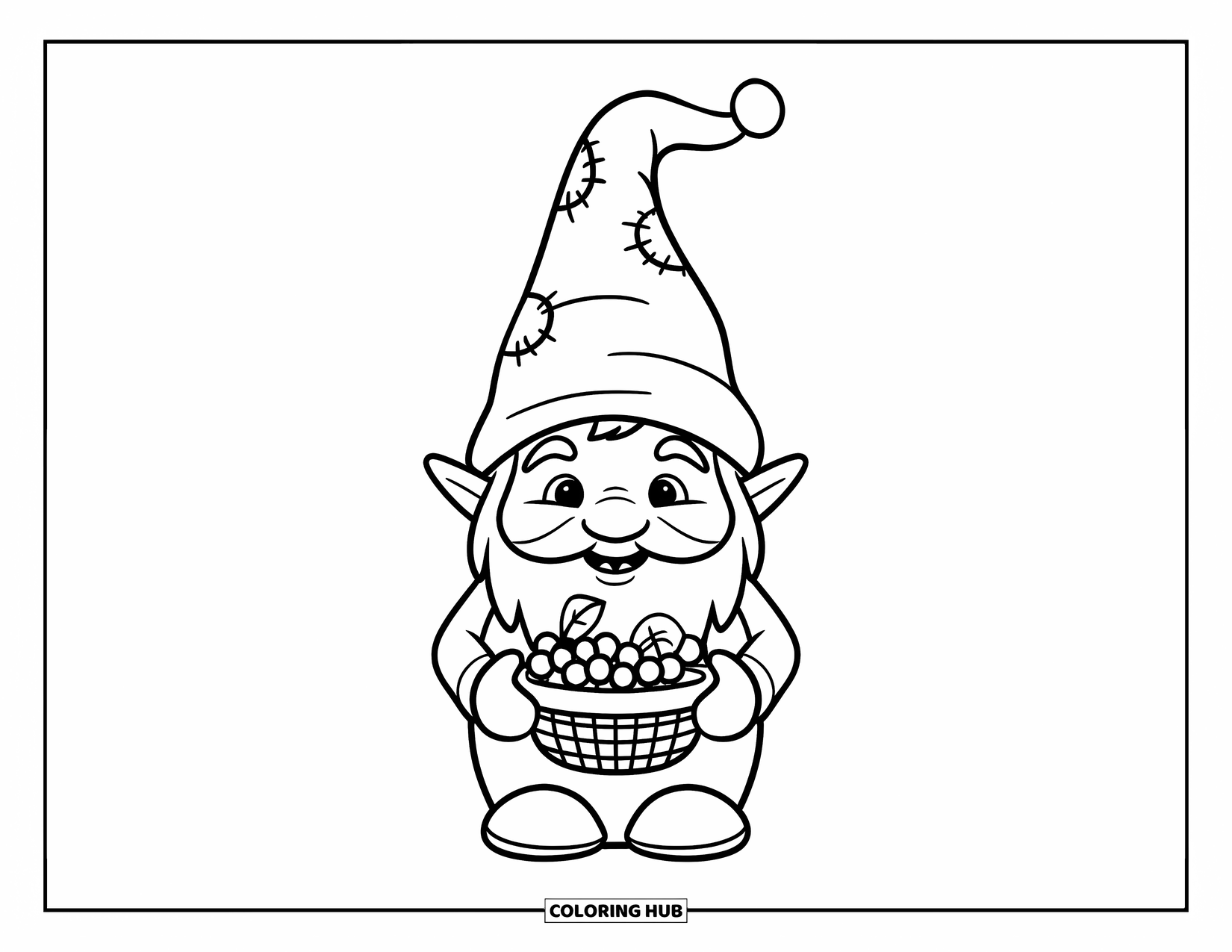 Gnome Coloring Page for Kids: A gnome holding a basket of berries wearing a pointy hat with patches