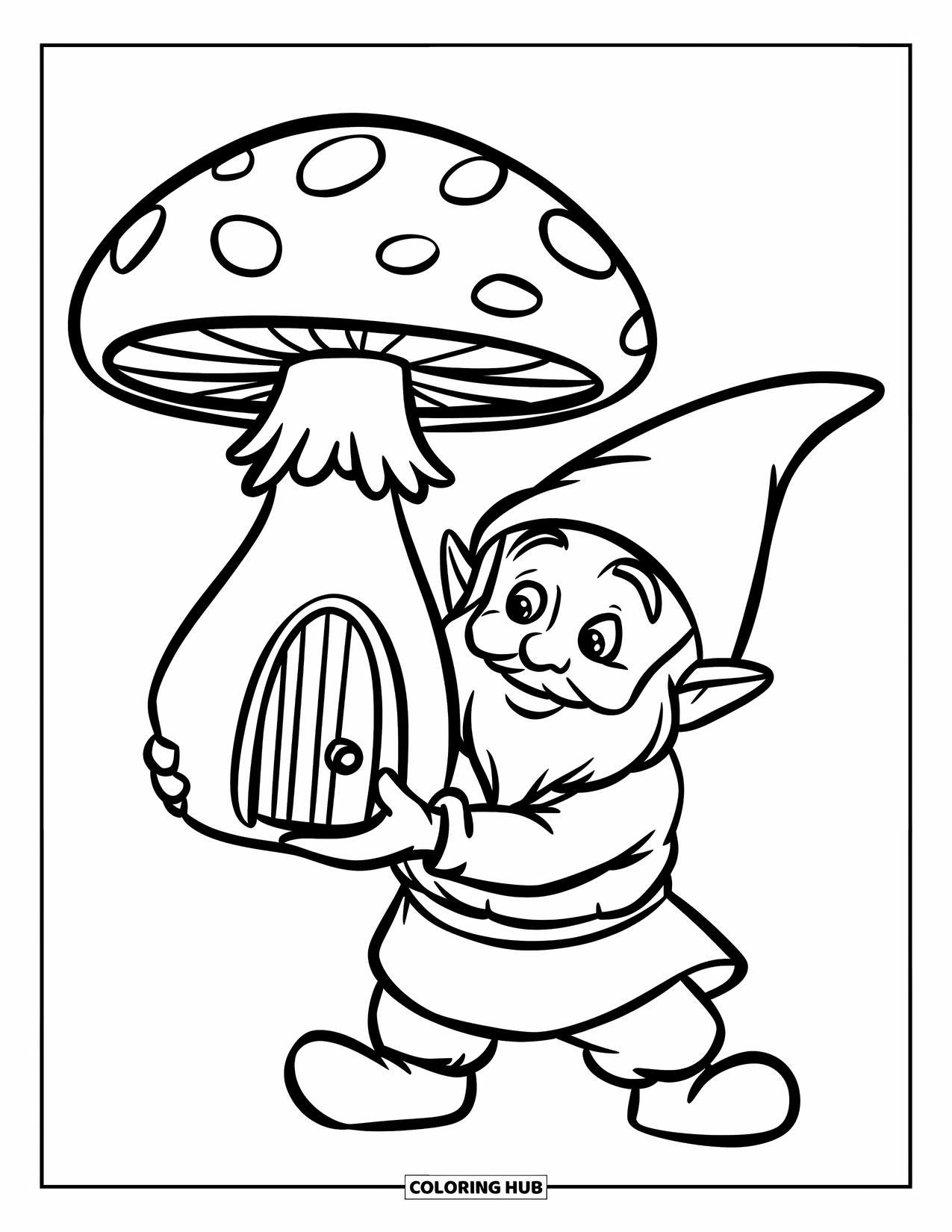 Gnome Coloring Page for Kids: A gnome holding a giant mushroom with a tiny door