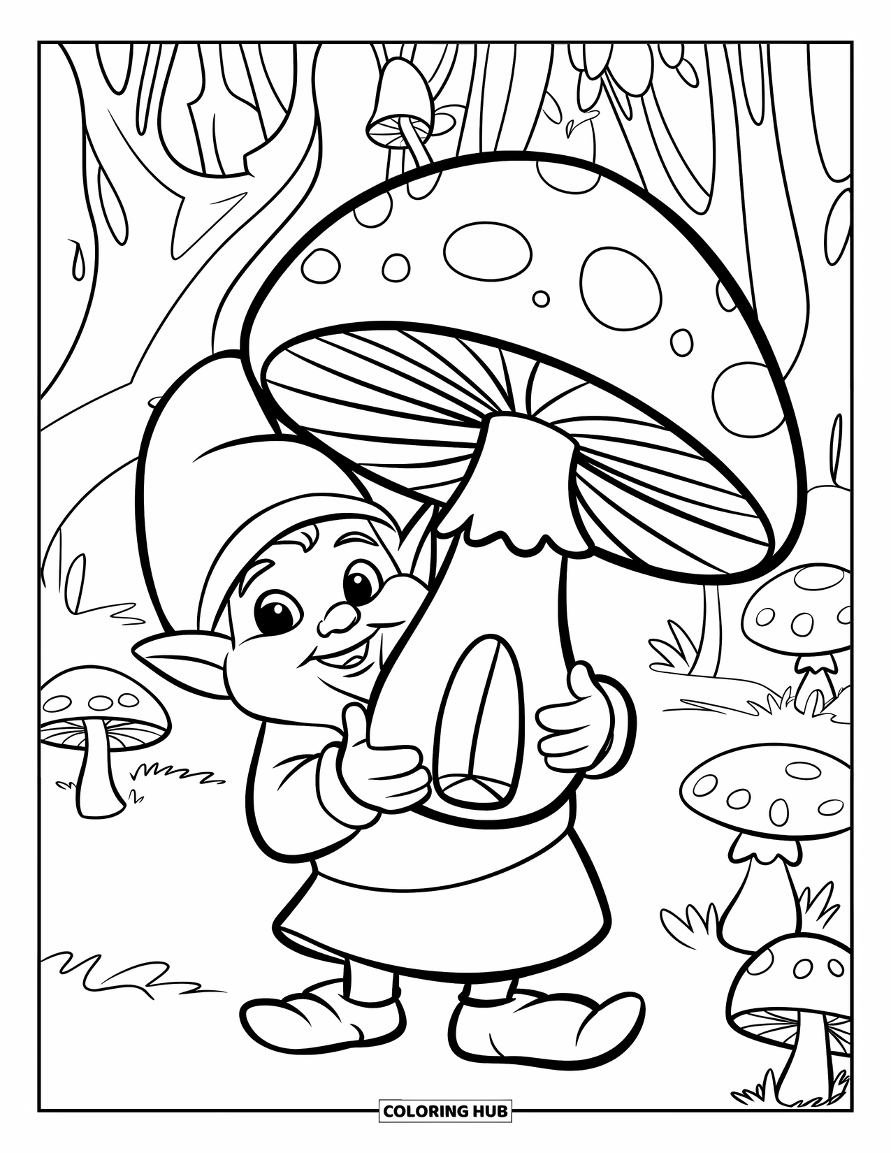 Gnome Coloring Page for Kids: A gnome holding a large mushroom with a door surrounded by trees
