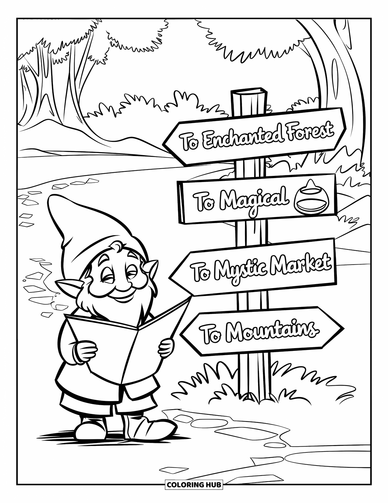 Gnome Coloring Page for Kids: A gnome holding a map beside a sign with arrows to different places