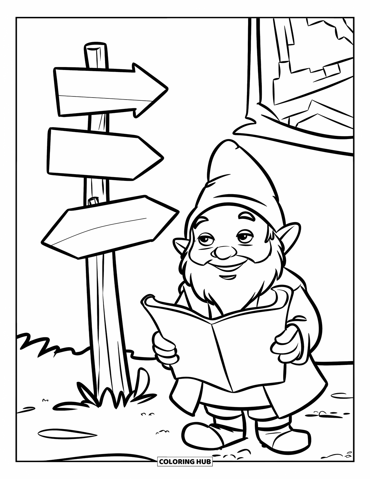 Gnome Coloring Page for Kids: A gnome holding a map near a sign with arrows in a simple setting