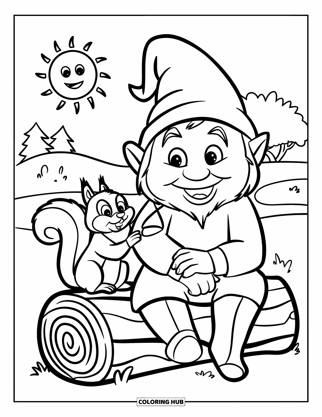 Gnome Coloring Page for Kids: A gnome on a log with a squirrel holding his hat under a smiling sun