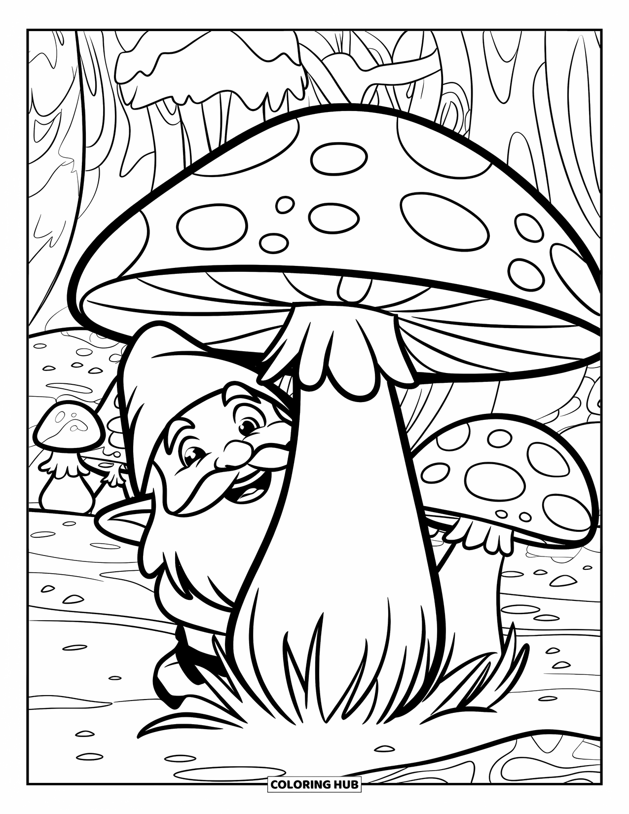 Gnome Coloring Page for Kids: A gnome peeking from behind a mushroom in a magical forest