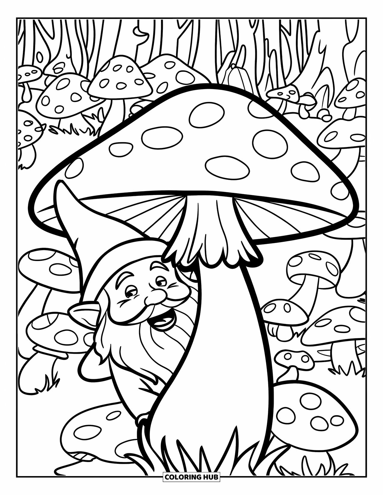 Gnome Coloring Page for Kids: A gnome peeking out from behind a mushroom surrounded by trees