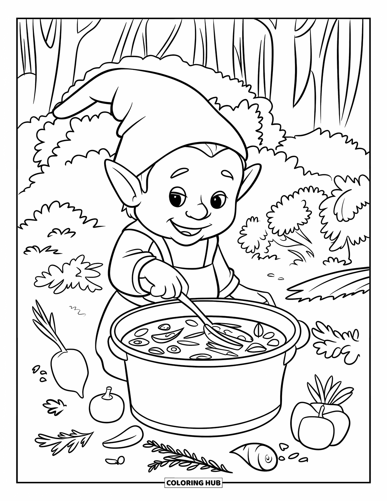 Gnome Coloring Page for Kids: A gnome preparing soup with vegetables and herbs in a forest setting