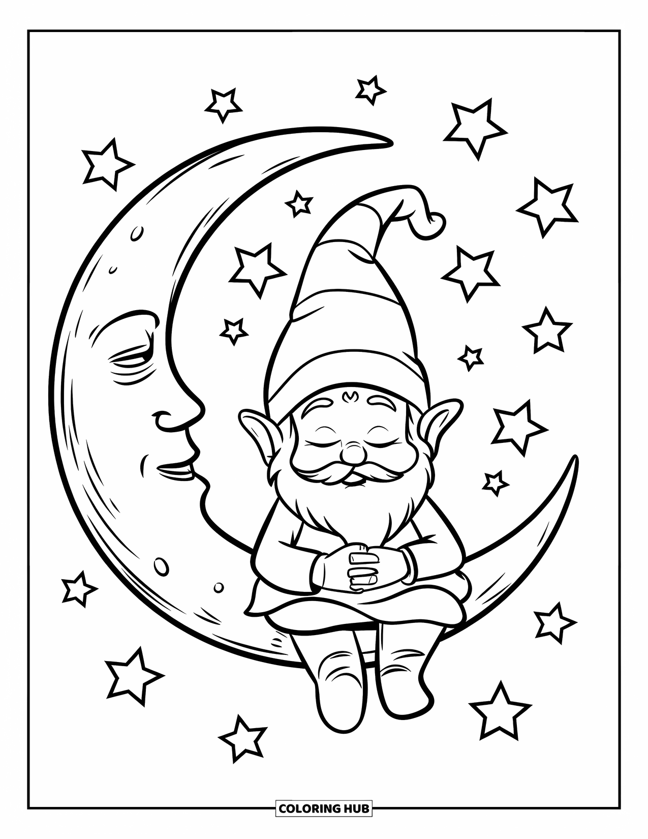 Gnome Coloring Page for Kids: A gnome resting on a crescent moon amid twinkling stars