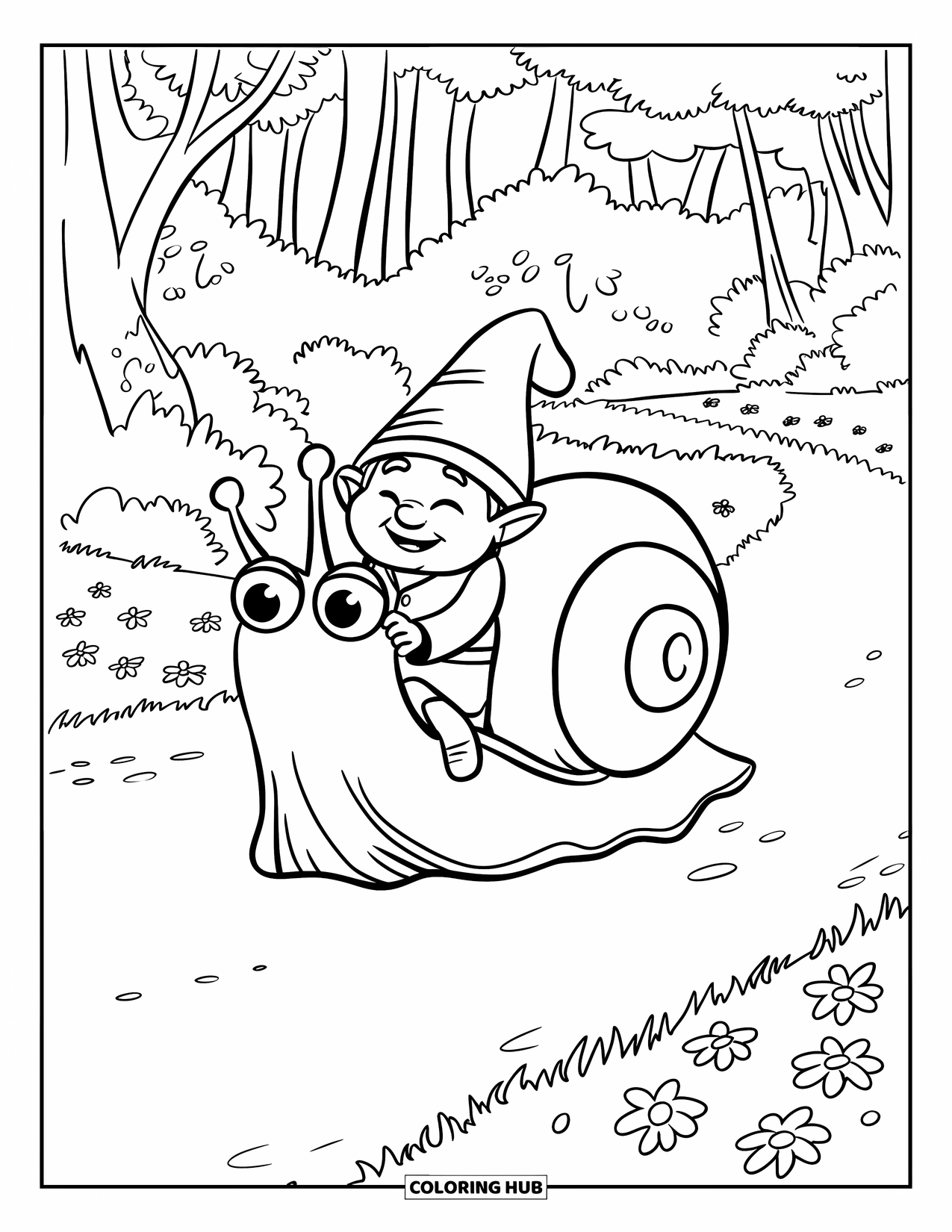 Gnome Coloring Page for Kids: A gnome riding a giant snail with flowers and trees around