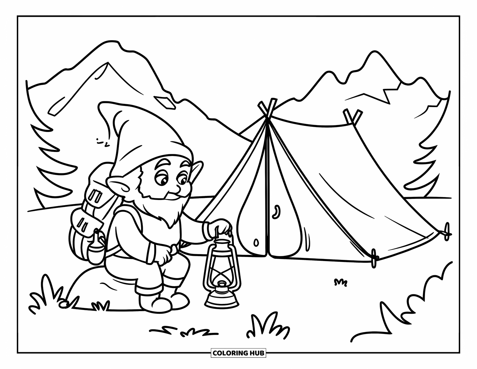 Gnome Coloring Page for Kids: A gnome setting up camp with a lantern and a tent by the mountains