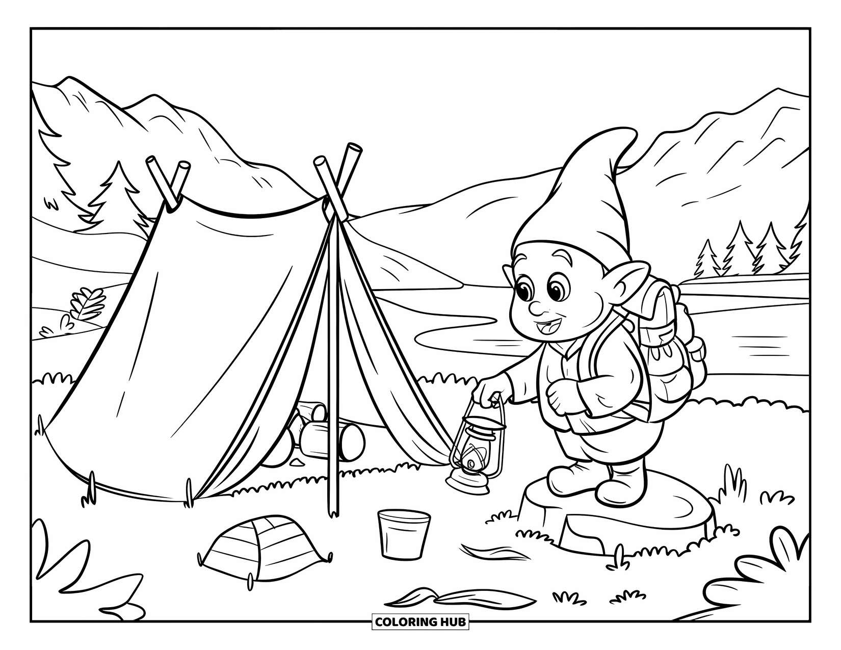 Gnome Coloring Page for Kids: A gnome setting up camp with a lantern and a tent near a serene landscape