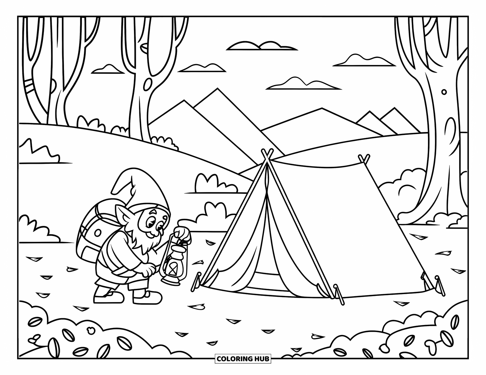 Gnome Coloring Page for Kids: A gnome setting up camp with a lantern, surrounded by trees and mountains