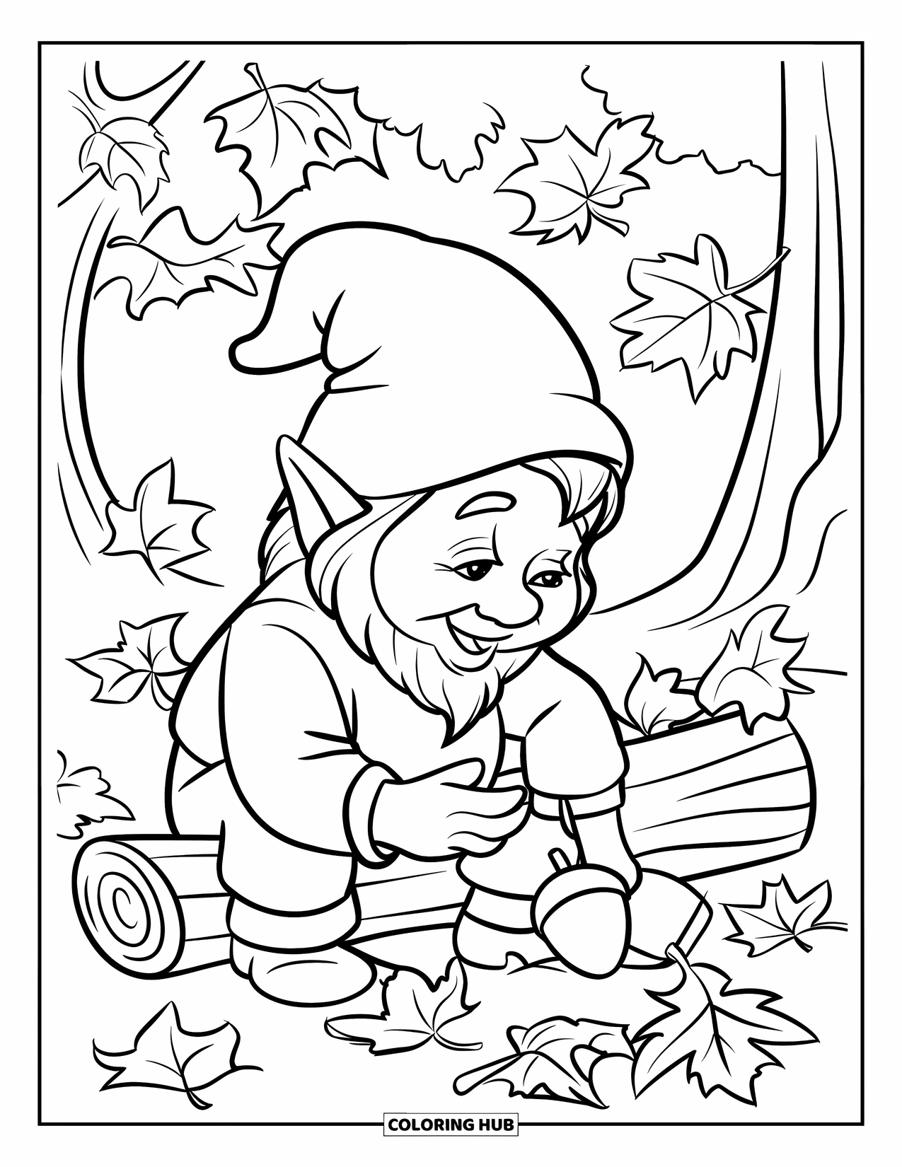 Gnome Coloring Page for Kids: A gnome sitting on a log collecting acorns among fallen leaves