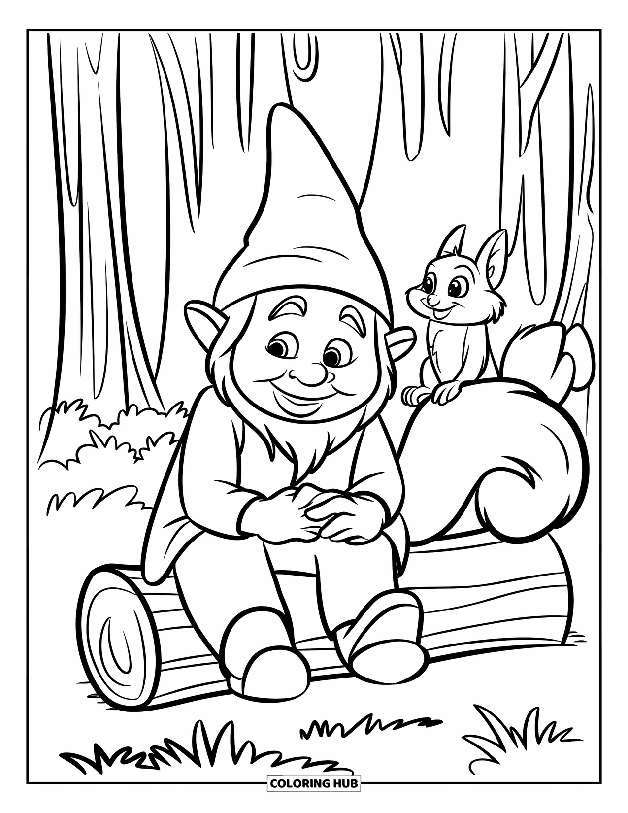Gnome Coloring Page for Kids: A gnome sitting on a log with a squirrel in a forest