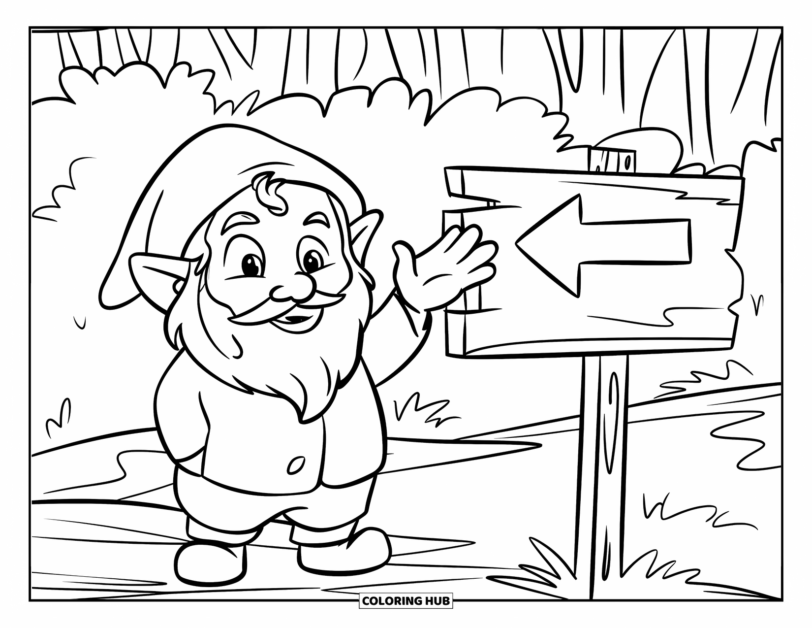 Gnome Coloring Page for Kids: A gnome standing beside a wooden sign pointing to a fairy village