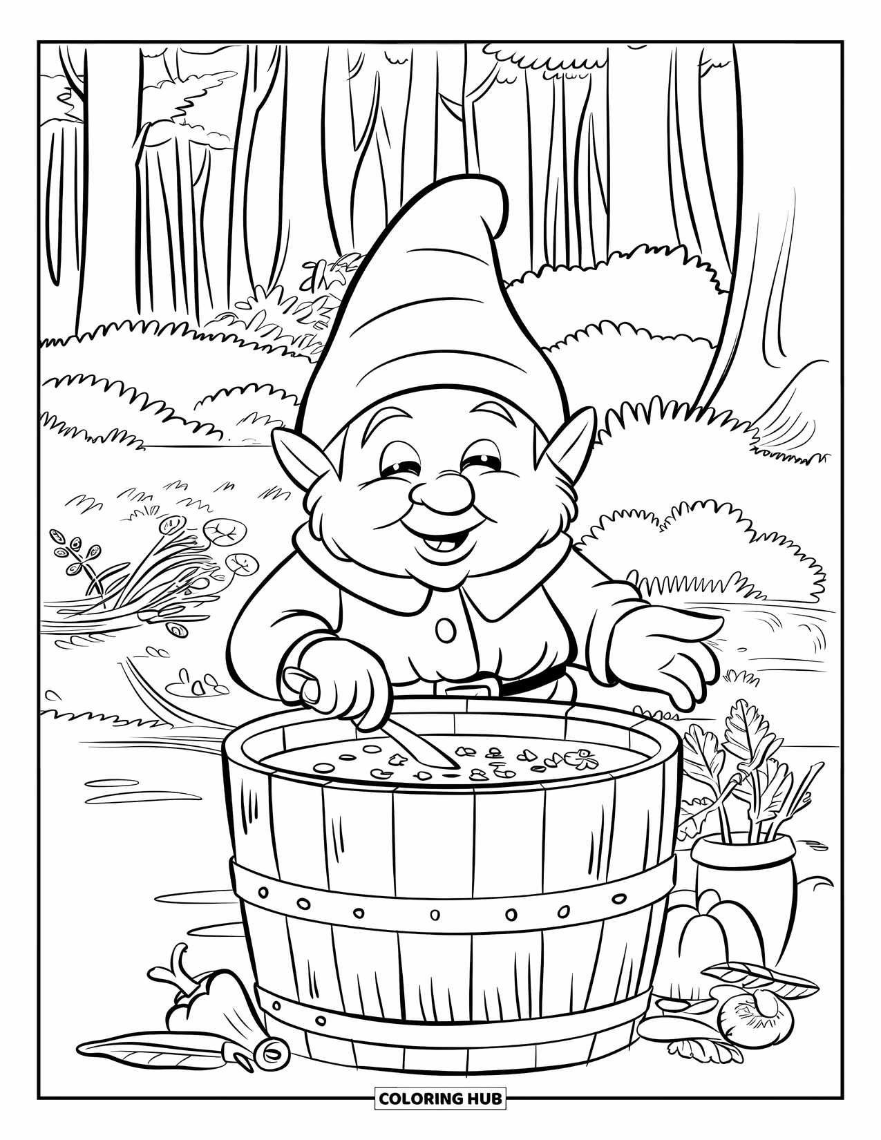 Gnome Coloring Page for Kids: A gnome stirring soup in a pot with vegetables and herbs around
