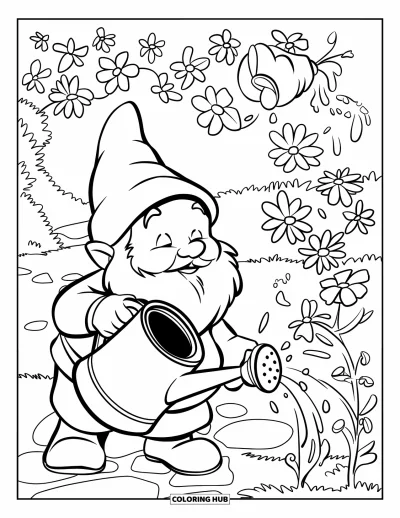 Nissetegning til børn: En nisse vander blomstrende blomster i en frodig have