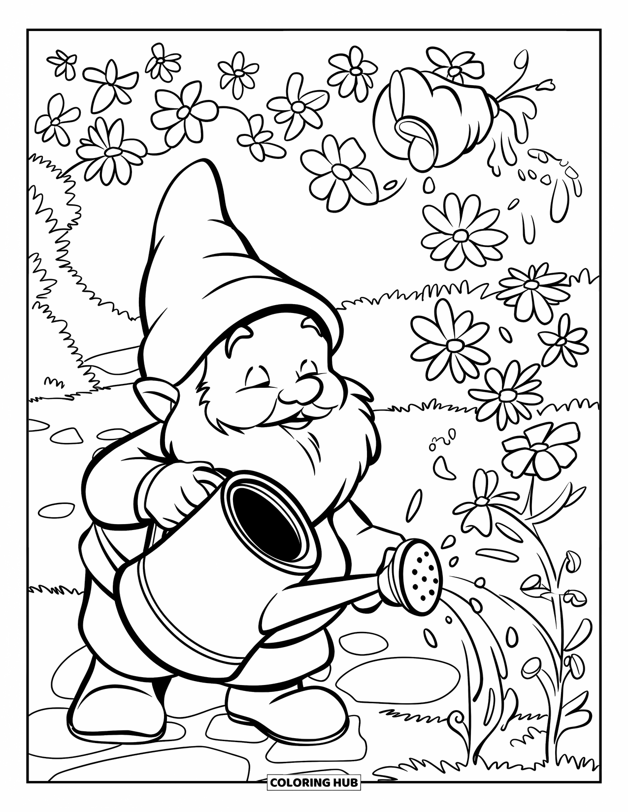 Gnome Coloring Page for Kids: A gnome watering blooming flowers in a lush garden