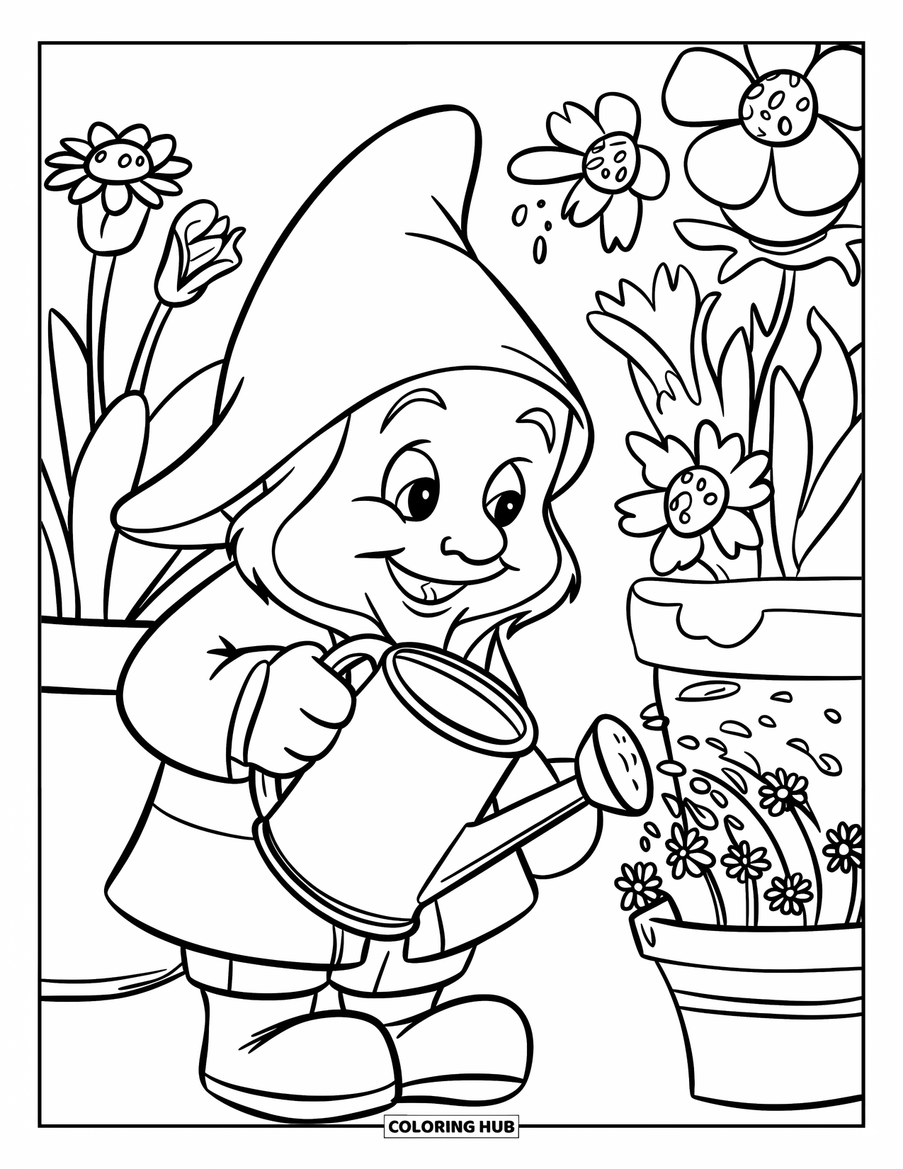 Gnome Coloring Page for Kids: A gnome watering flowers with a watering can in a garden