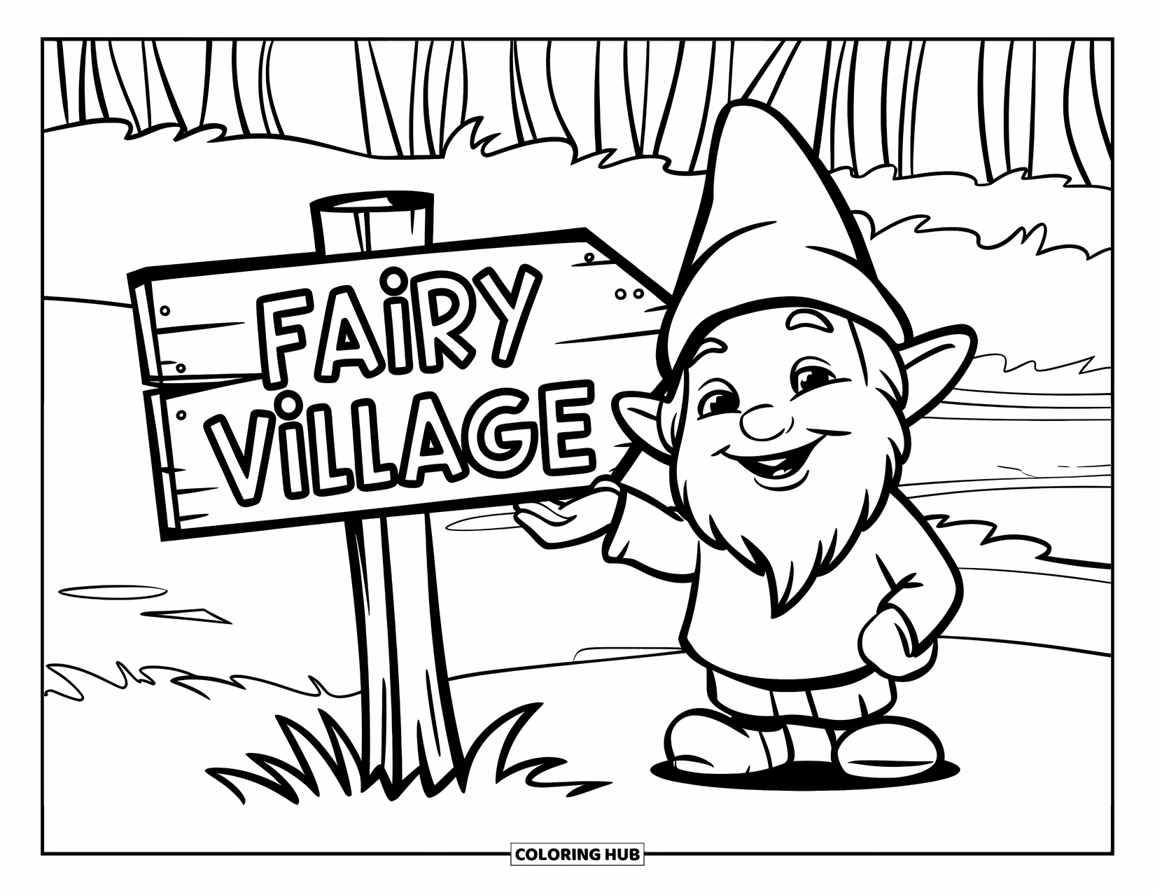 Gnome Coloring Page for Kids: A gnome waving beside a wooden sign pointing to a fairy village