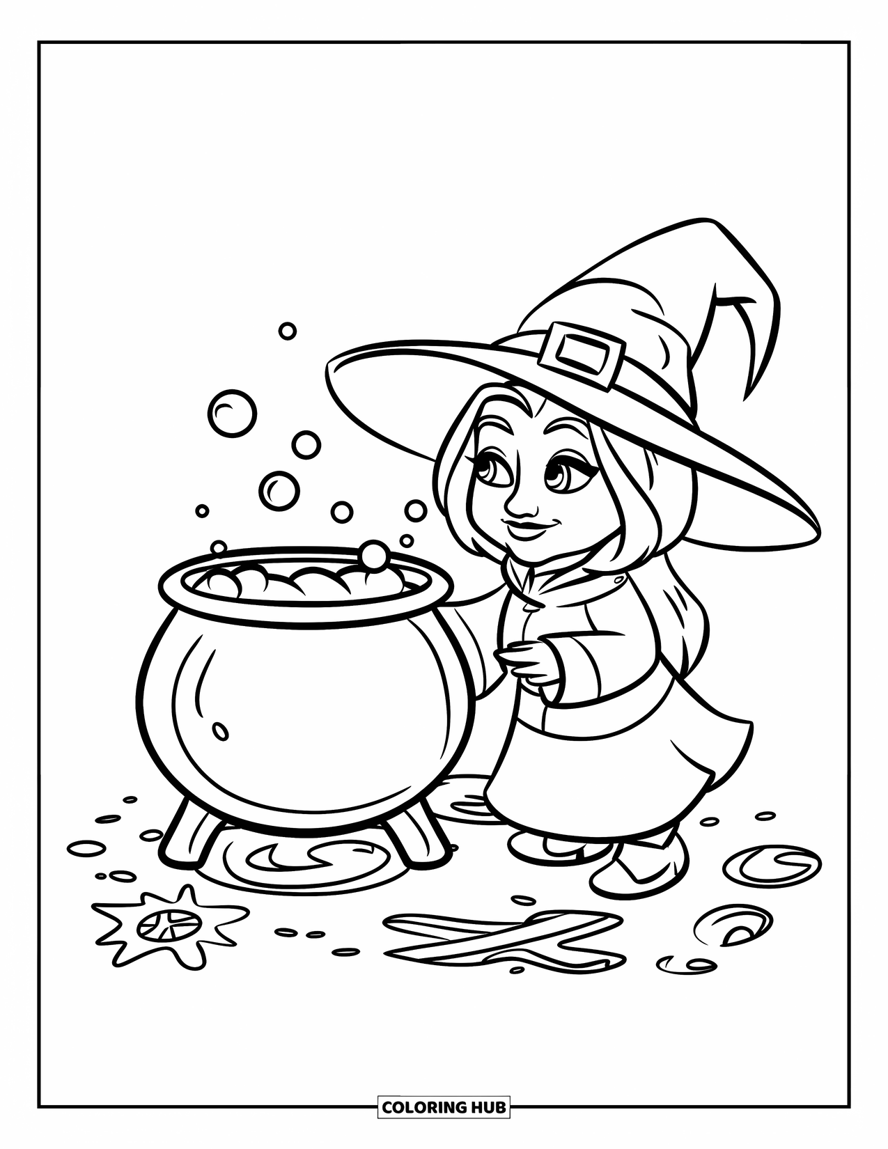 Gnome Coloring Page for Kids: A gnome witch casting spells over a bubbling cauldron