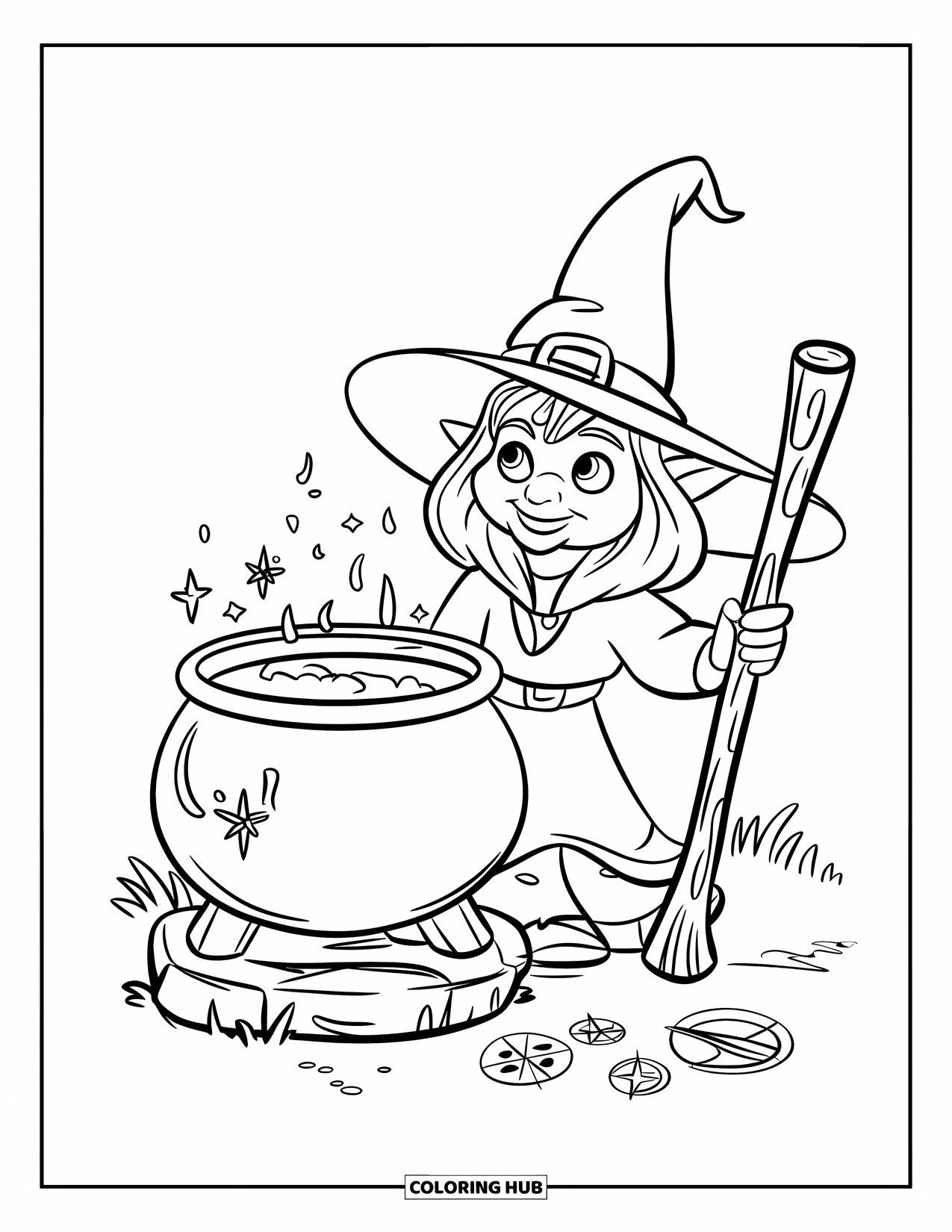 Gnome Coloring Page for Kids: A gnome witch stirring a cauldron with magical symbols nearby