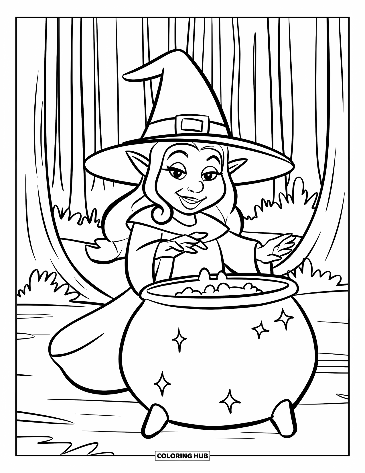 Gnome Coloring Page for Kids: A gnome witch with a cauldron in a forest surrounded by magical symbols