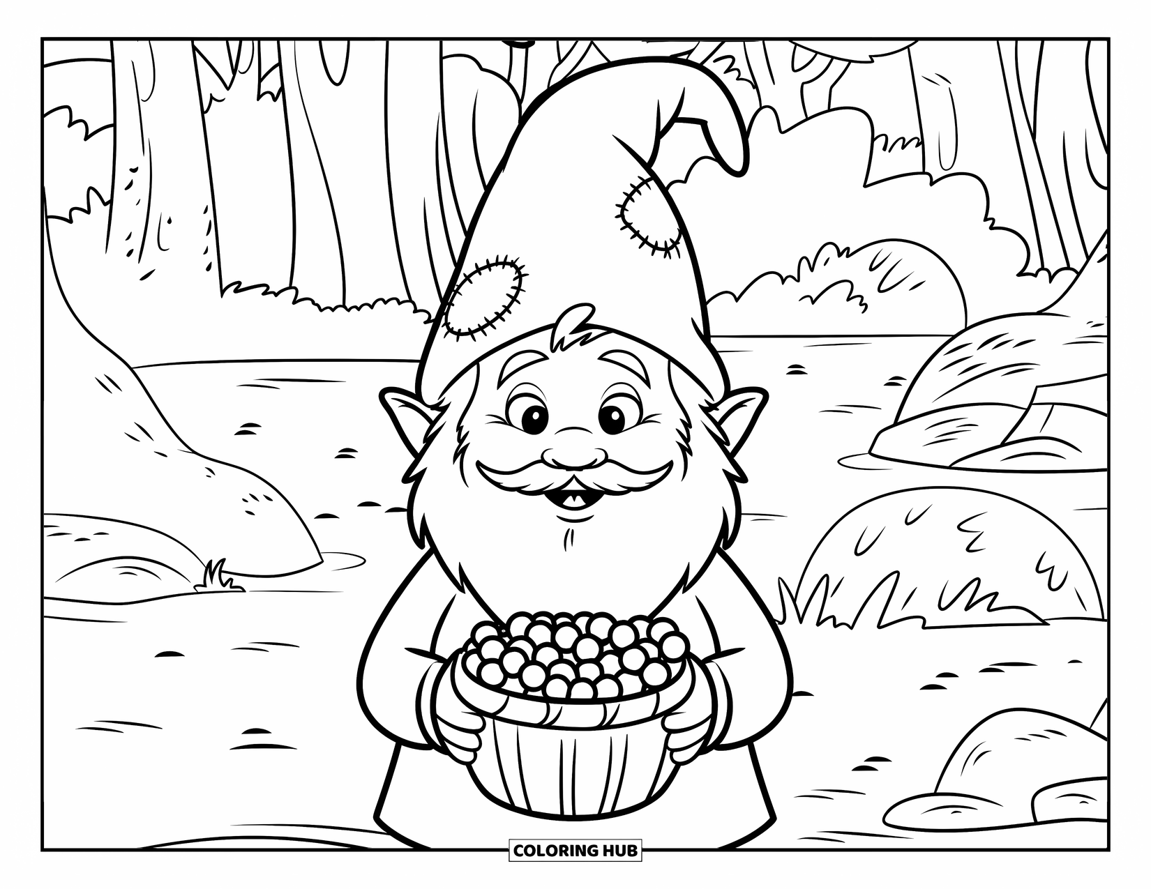 Gnome Coloring Page for Kids: A gnome with a basket of berries in a forest, wearing a patched hat