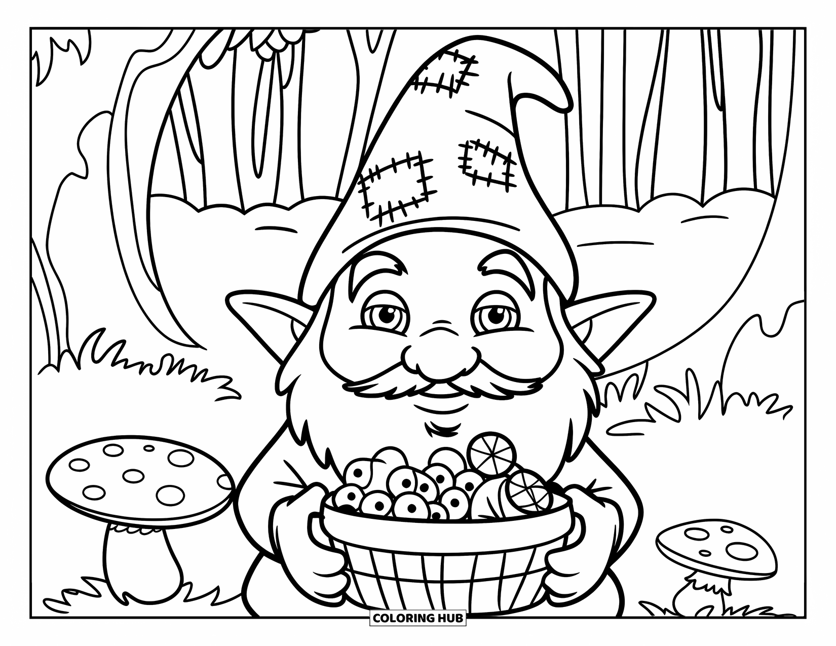 Gnome Coloring Page for Kids: A gnome with a basket of berries standing in a forest with a patched hat