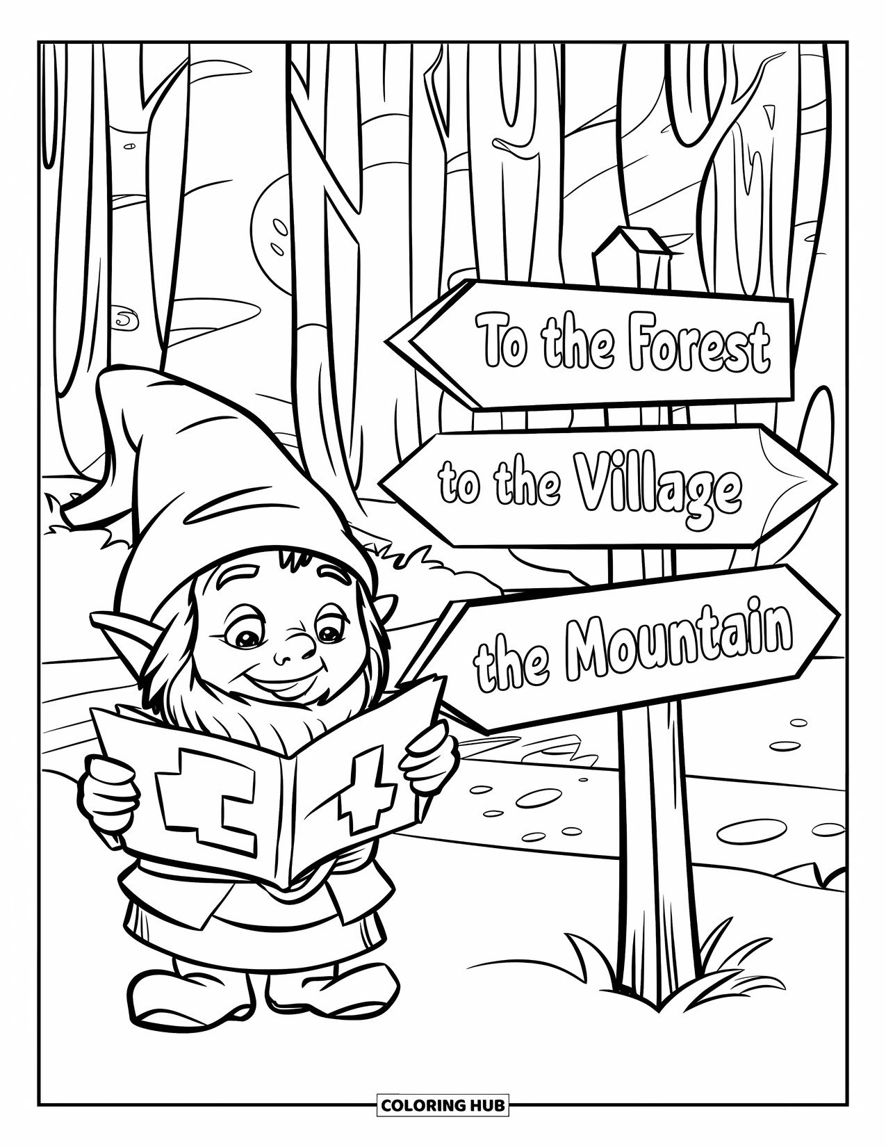 Gnome Coloring Page for Kids: A gnome with a map near a sign pointing to various destinations