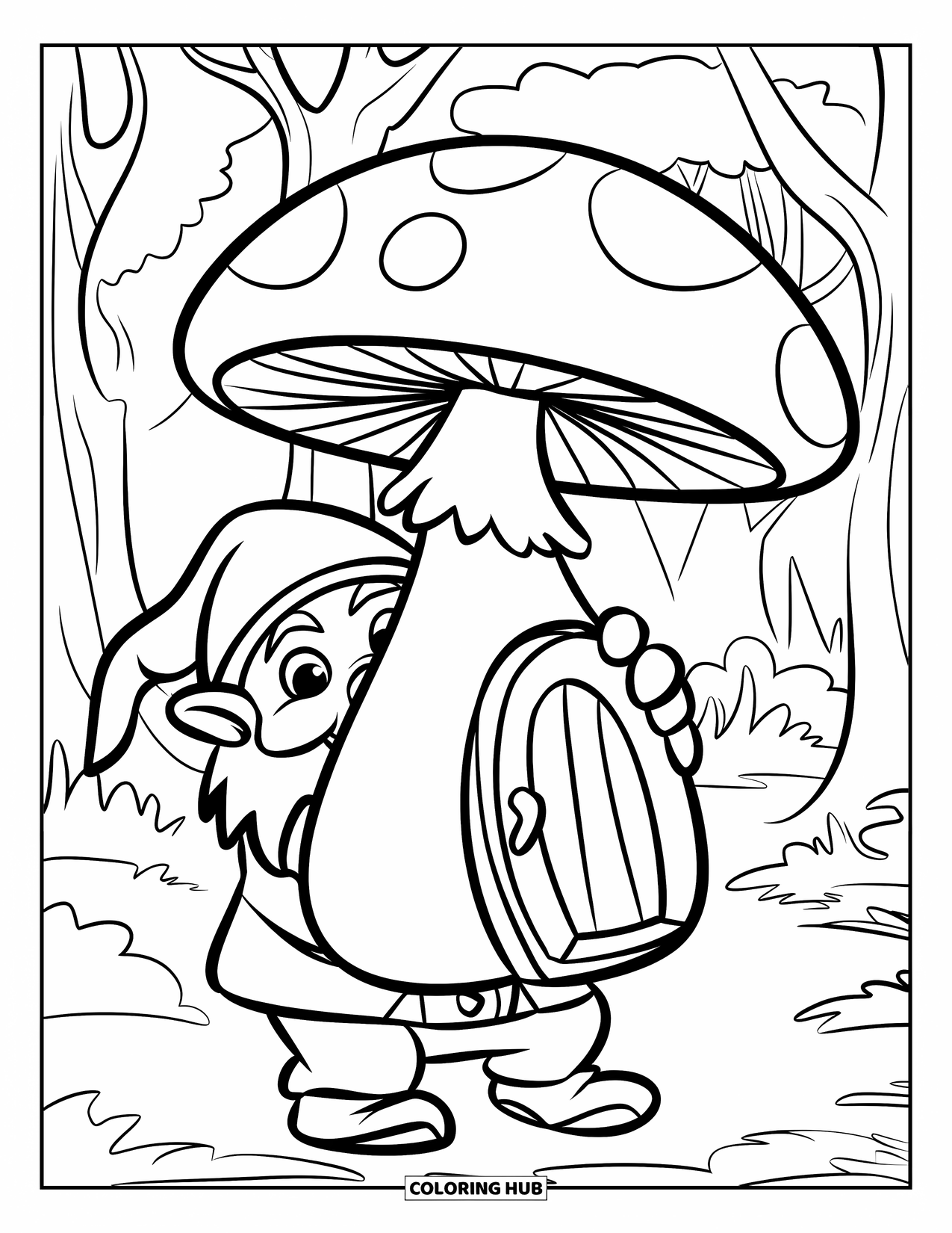 Gnome Coloring Page for Kids: A gnome with a mushroom house in a forest with trees and mushrooms