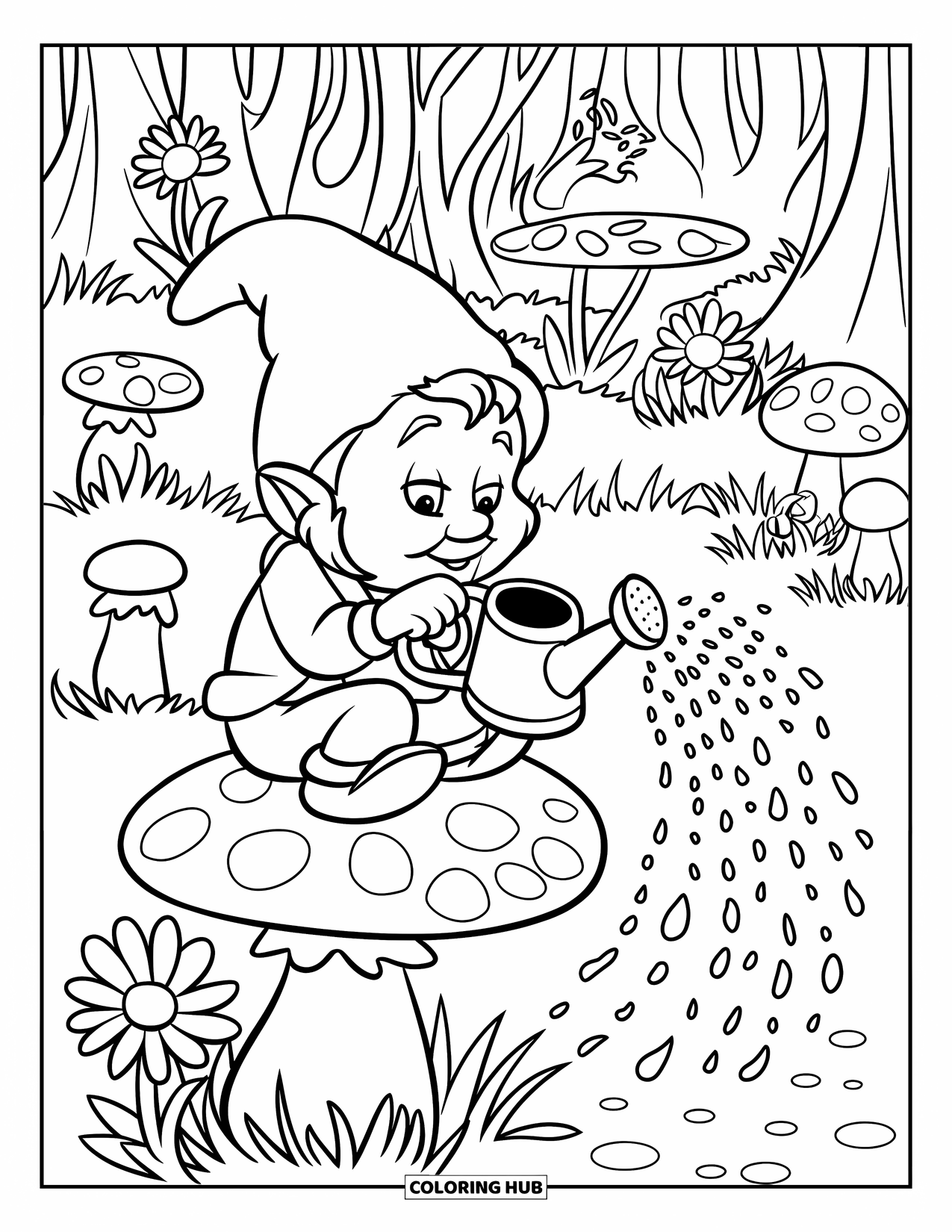 Gnome Coloring Page for Kids: A gnome with a watering can sitting on a mushroom among flowers