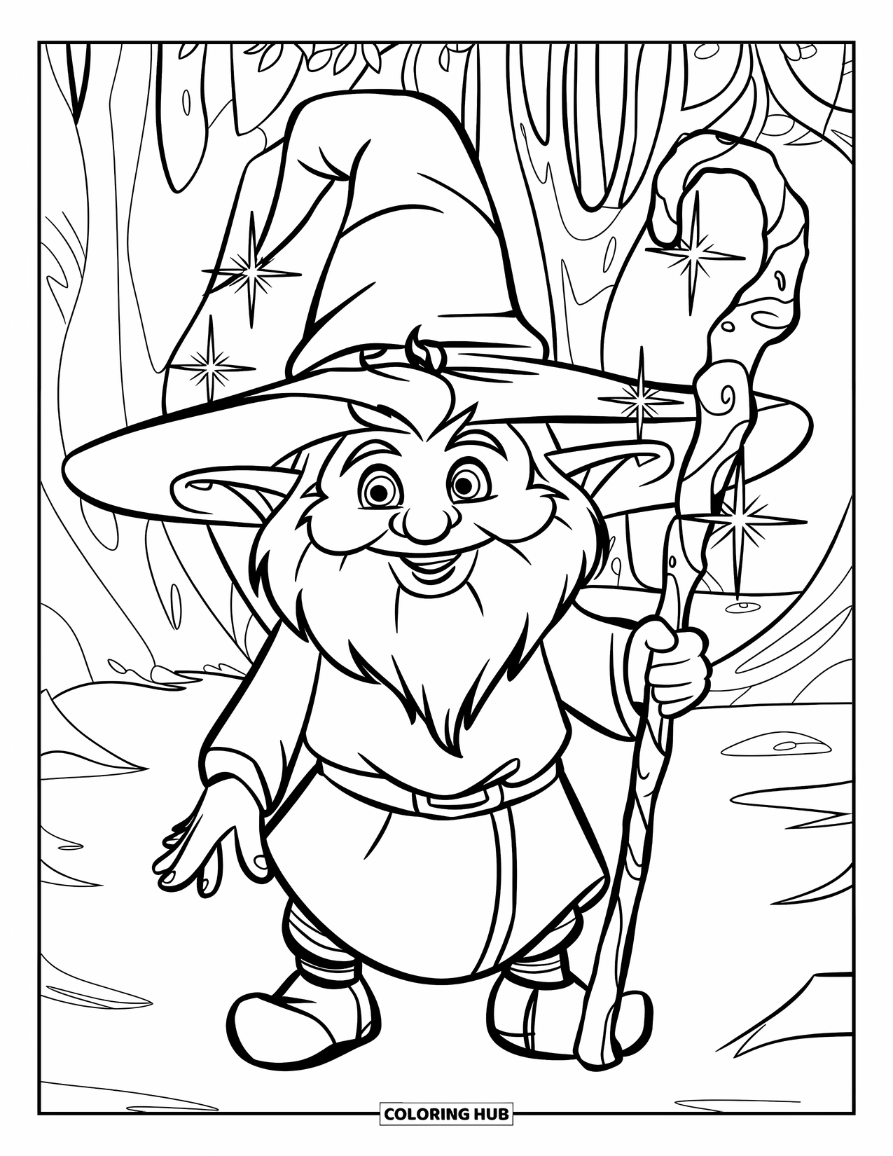 Gnome Coloring Page for Kids: A gnome wizard casting magic with a staff amid sparkling effects