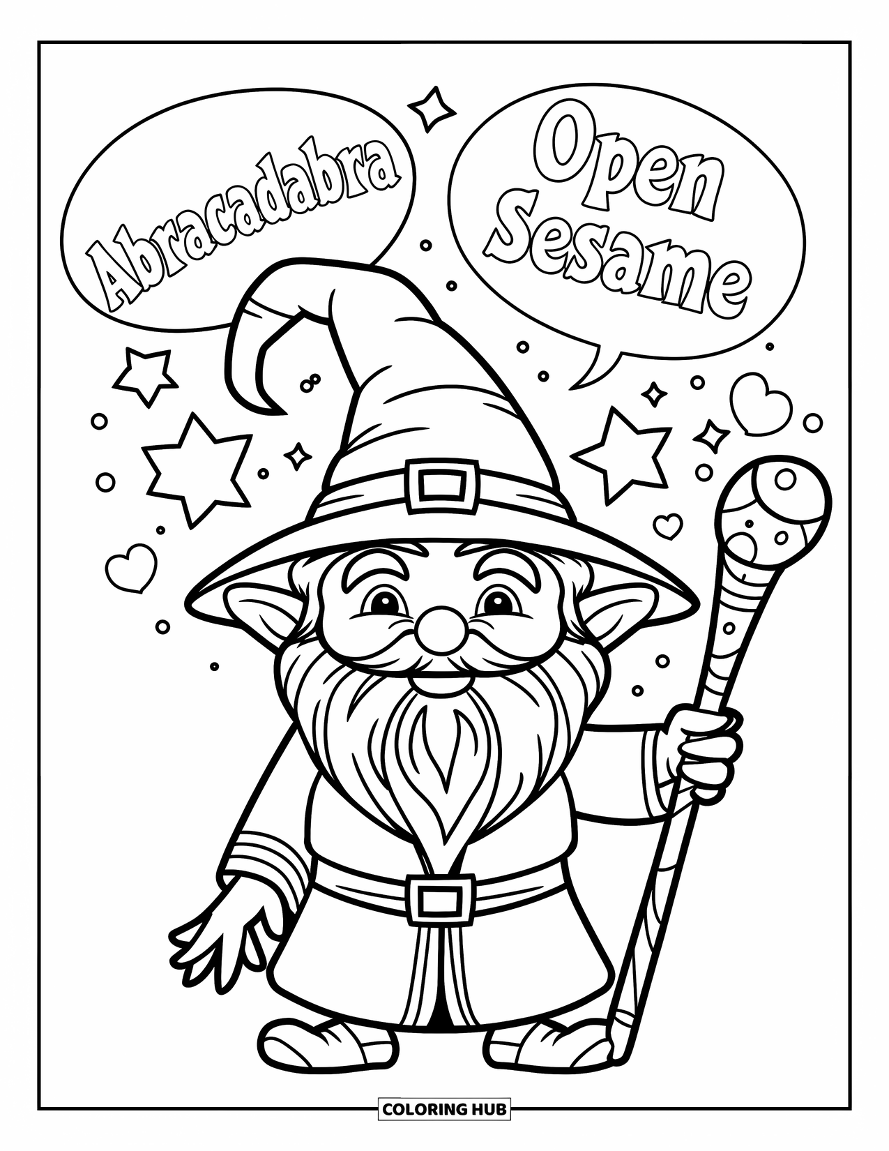 Gnome Coloring Page for Kids: A gnome wizard casting spells with sparkling effects surrounding the staff
