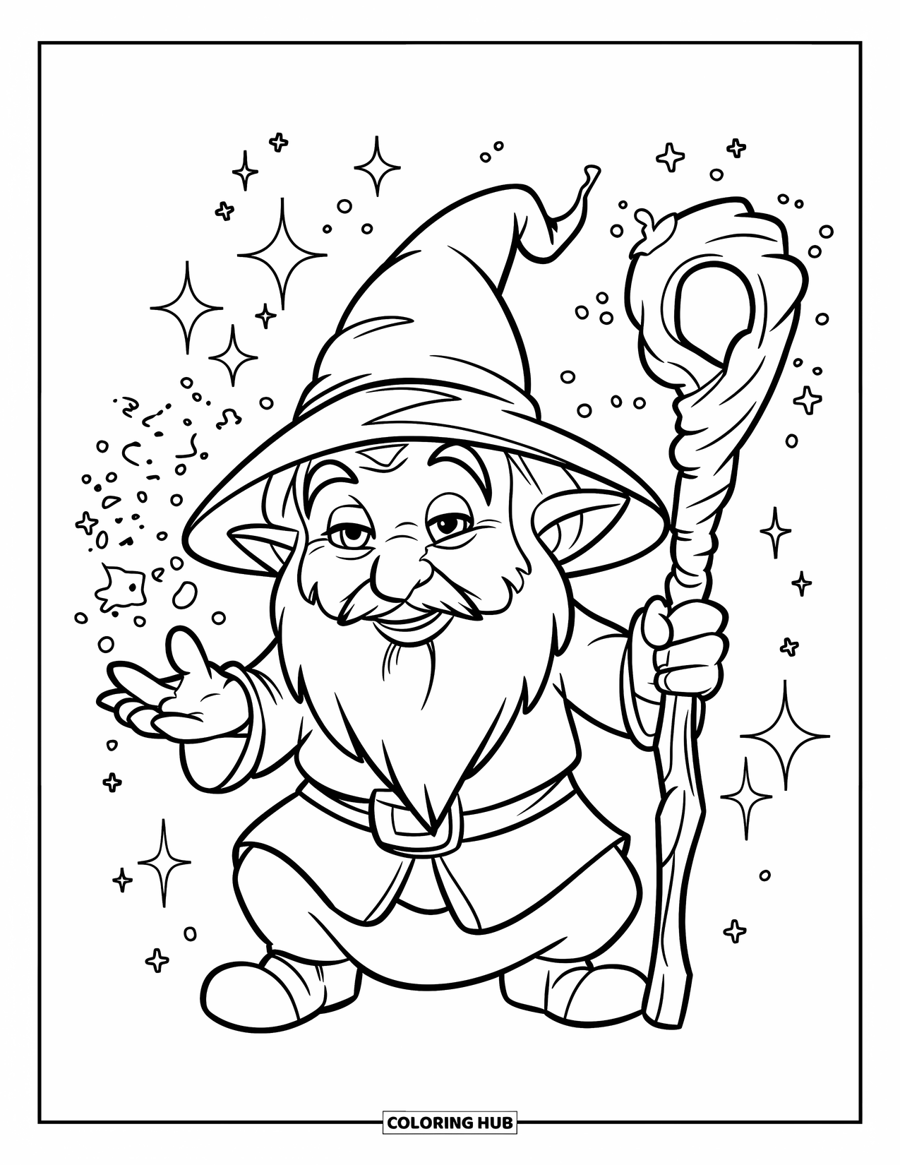 Gnome Coloring Page for Kids: A gnome wizard holding a staff with sparkling magic all around