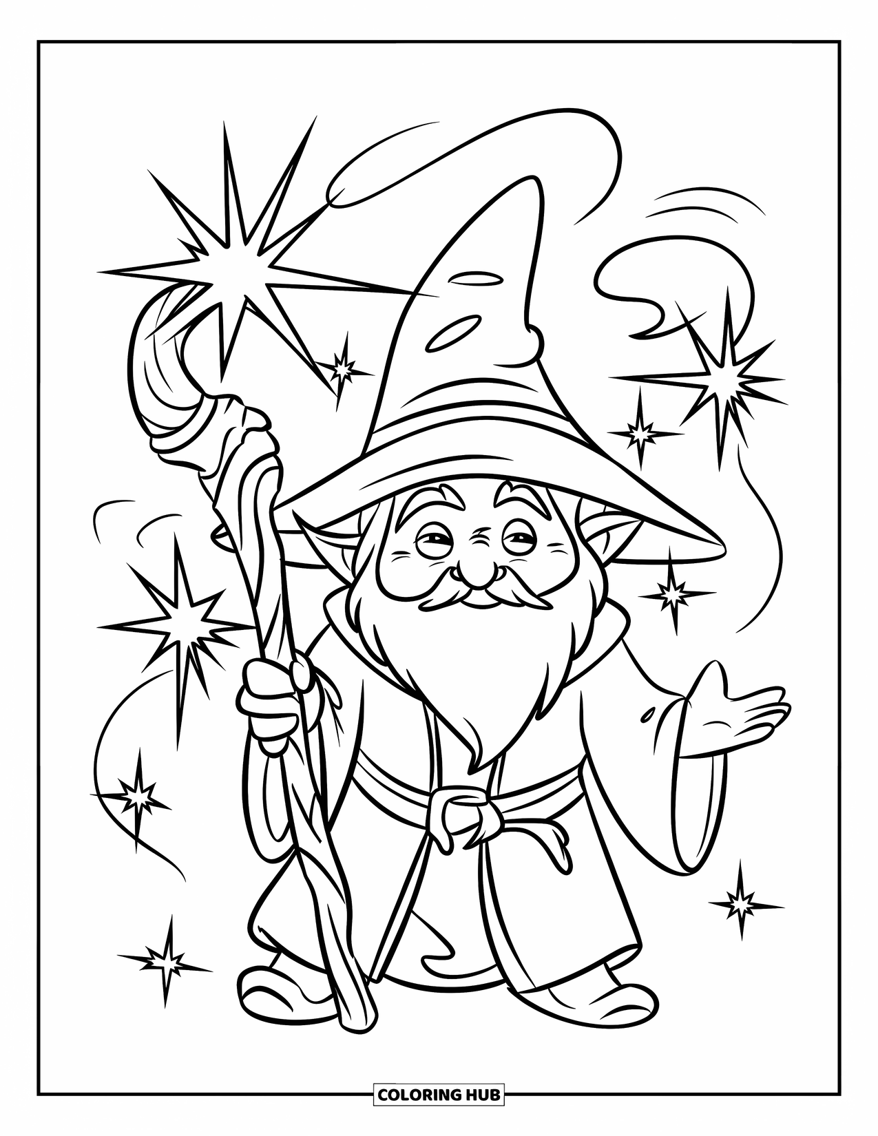Gnome Coloring Page for Kids: A gnome wizard with a staff surrounded by sparkling magic effects