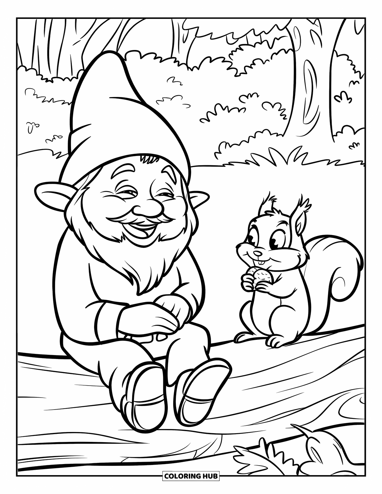 Gnome Coloring Page for Kids: A happy gnome sitting on a log with a curious squirrel nearby