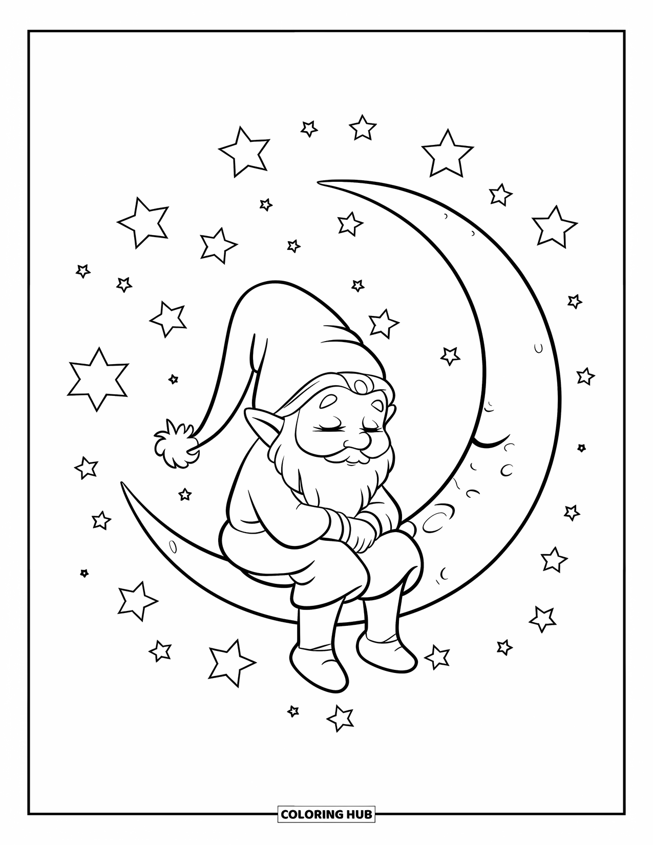 Gnome Coloring Page for Kids: A sleepy gnome sitting on a crescent moon surrounded by stars